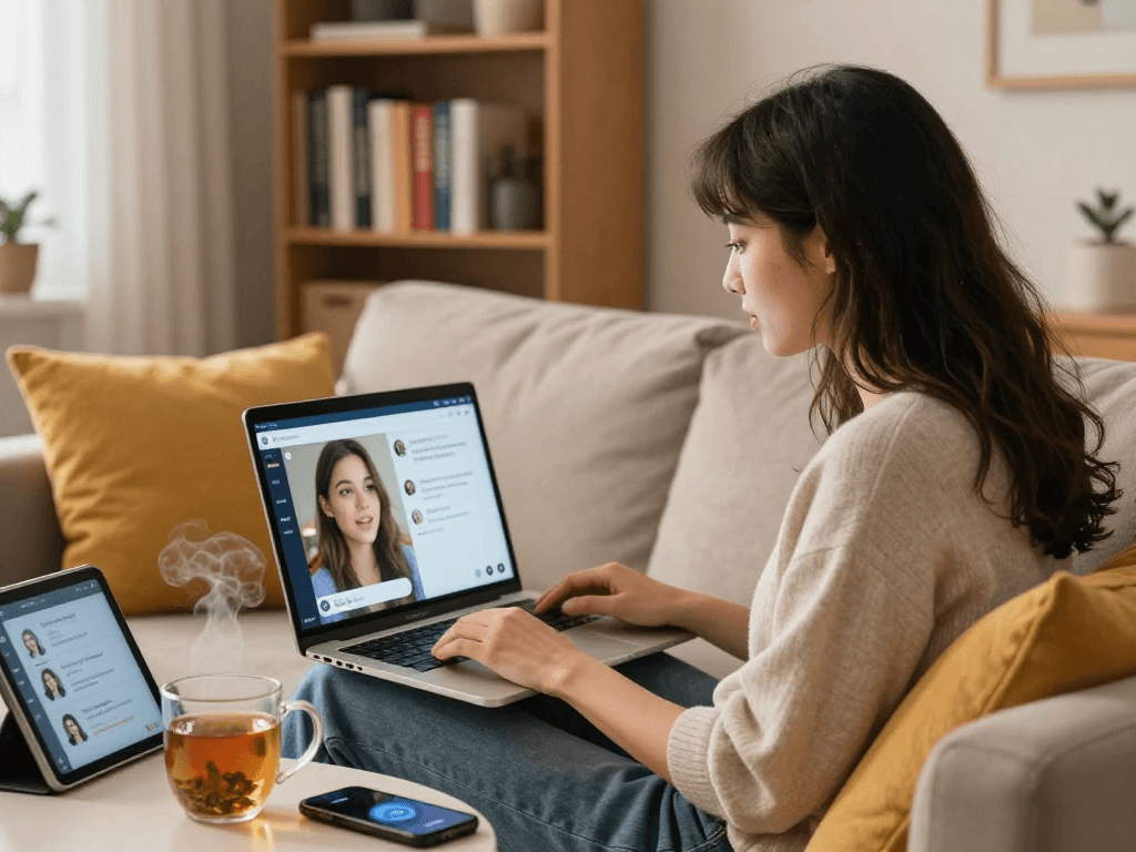 Young woman enjoying a sex chat AI conversation in a cozy room, surrounded by books and warm lighting.