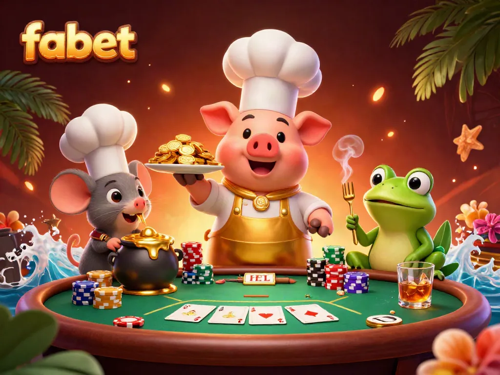 Try your luck with fabet’s vibrant casino scene featuring a chef pig, gold coins, and poker excitement.