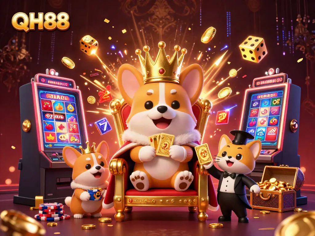 Experience the thrill of QH88 with a lavish 3D casino scene showcasing royal corgi royalty among vibrant game elements.