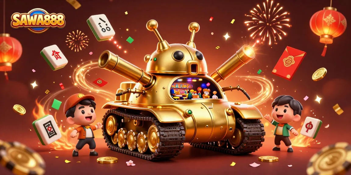 Experience the excitement of SAWA888 in a vibrant 3D casino illustration with golden elements.