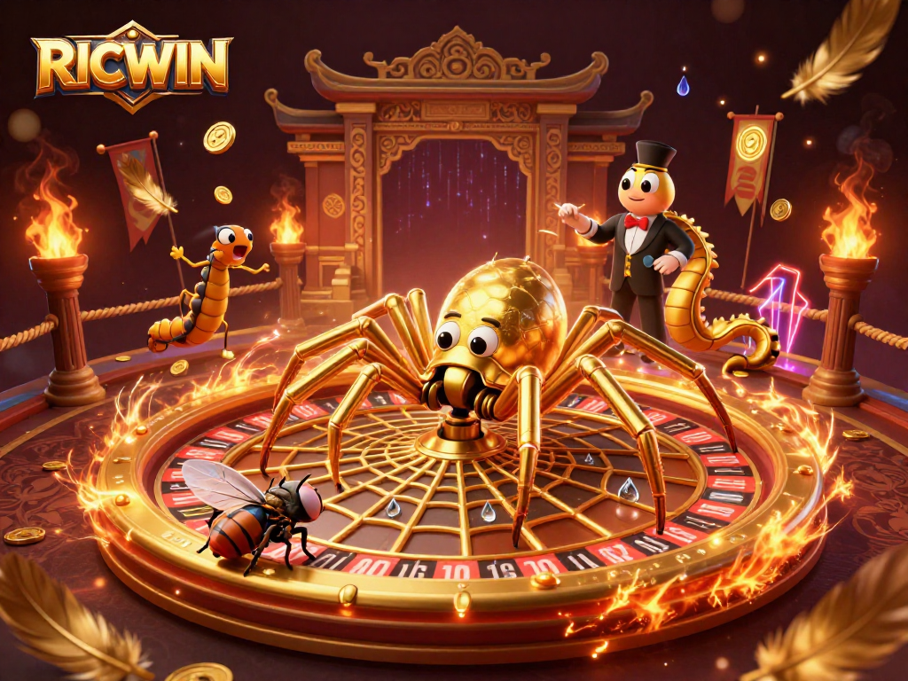 Experience RICWIN at its best with thrilling bets at a roulette wheel in a vibrant, animated scene.