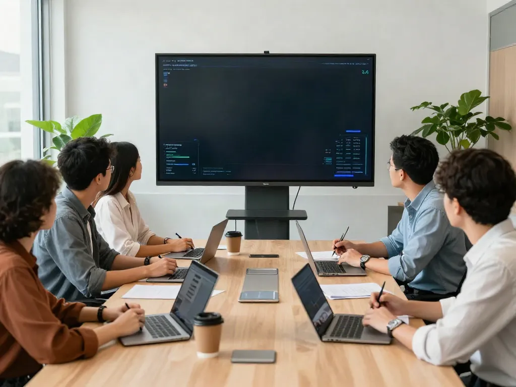 Team collaborating in a modern office meeting to get more info on project analytics.
