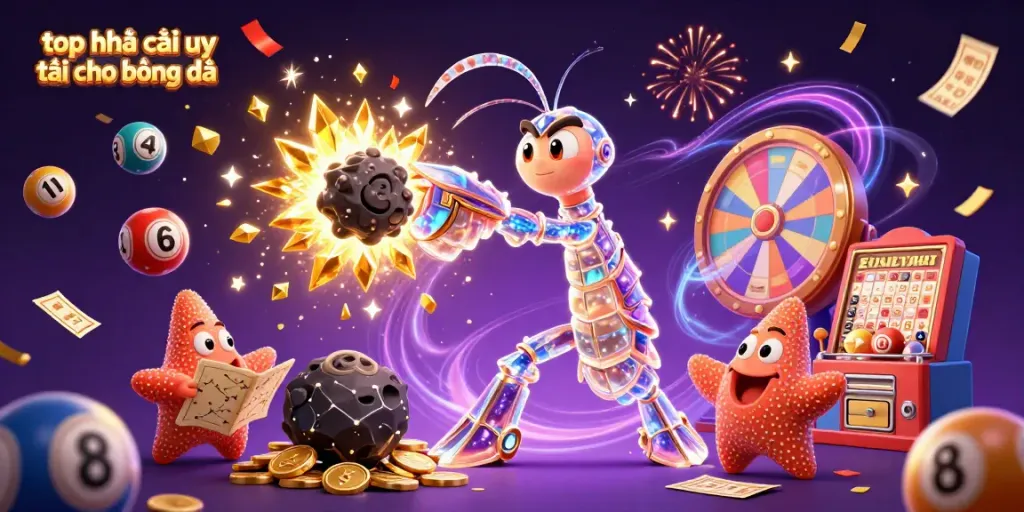 Experience top nhà cái uy tín cho bóng đá in a vibrant 3D illustration featuring a galactic samurai and dynamic casino elements.