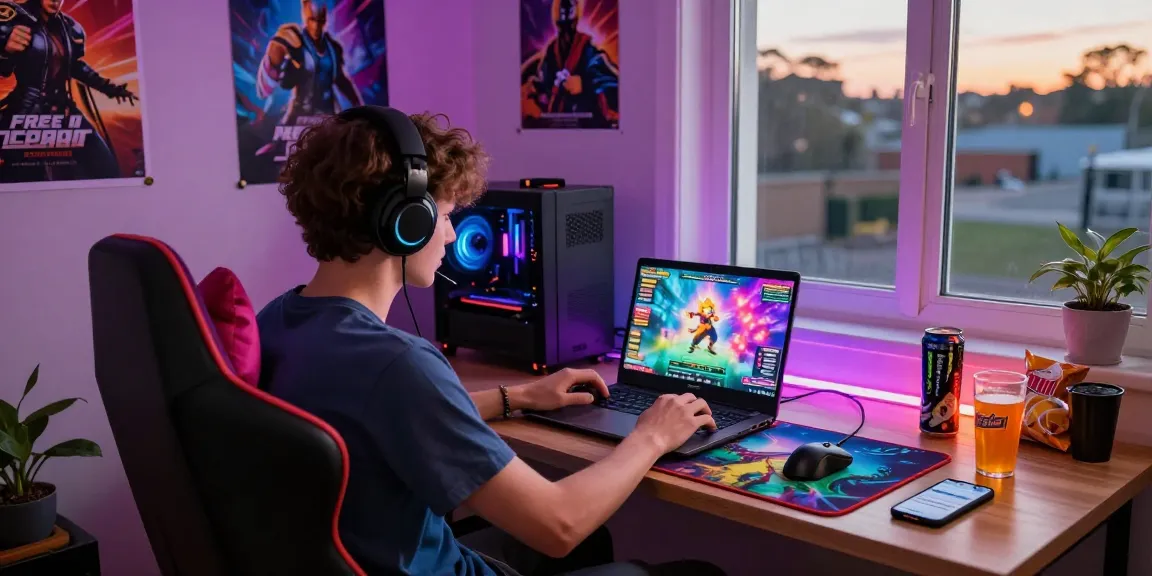 Play free porn games in a cozy gaming room, young adult fully engaged in the experience.