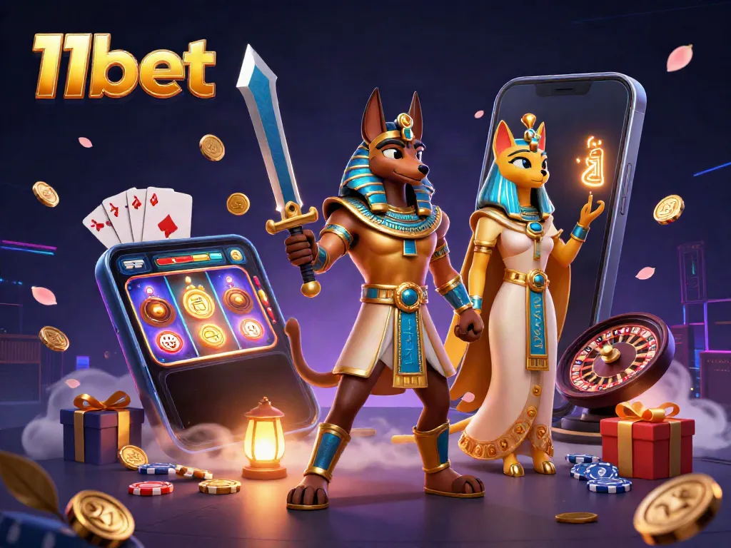 Engage with 11bet's vibrant gaming environment featuring Anubis and Bastet amidst fortune symbols.