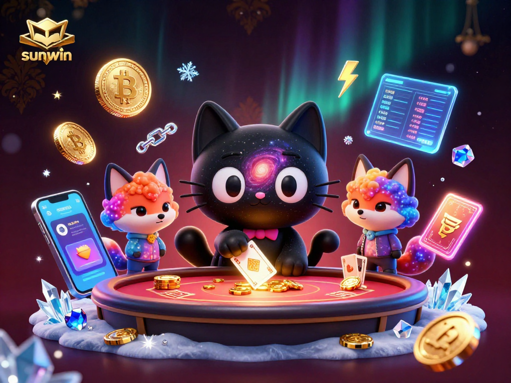 Engage with sunwin's dynamic cosmic casino scene featuring a black hole cat and colorful fox.