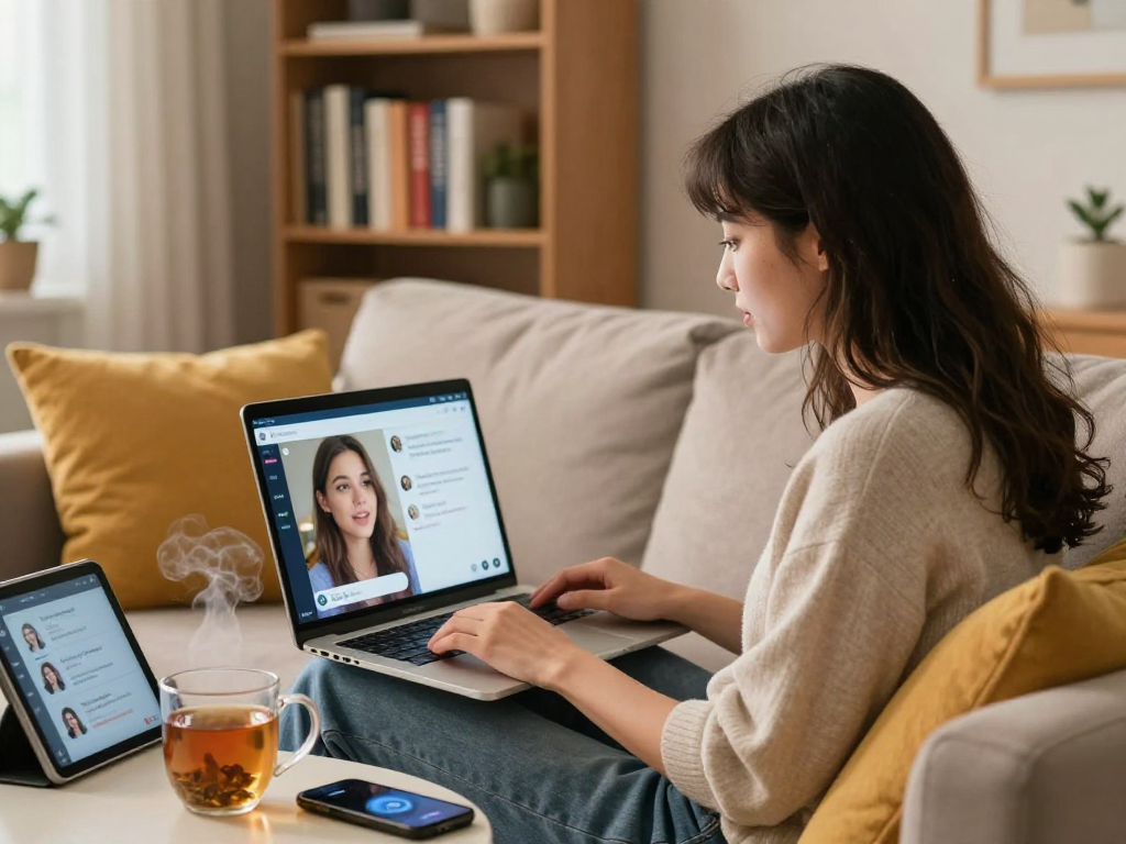 Young woman enjoying a sex chat AI conversation in a cozy room, surrounded by books and warm lighting.