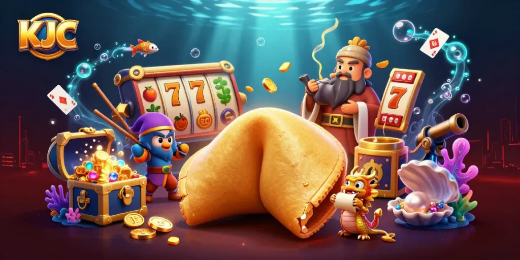 KJC immerses you in thrilling slot gaming adventures with a vibrant and detailed casino-inspired illustration.