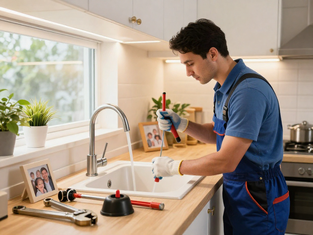Drain cleaning Fort Worth expert clearing a kitchen sink clog with plumbing tools in a welcoming home environment.