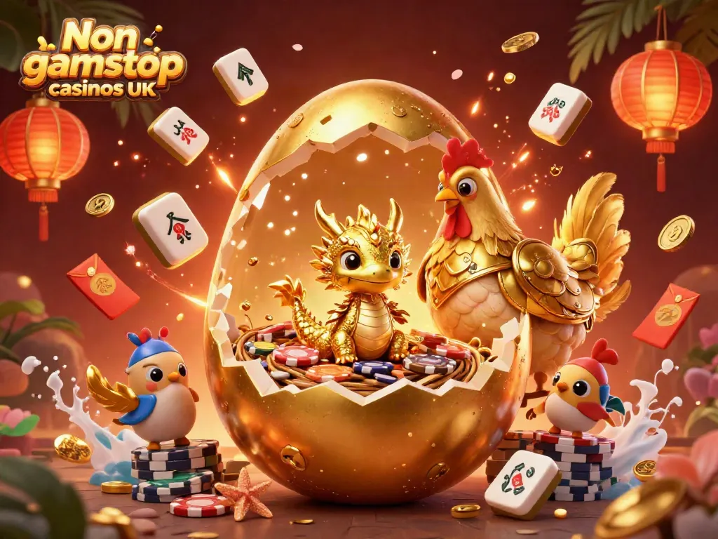 Experience the thrill of Non gamstop casinos UK with a golden dragon and poker chips in a vibrant scene.