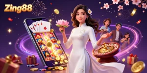 Zing88 promotes thrilling slot gameplay with elegant Asian woman amidst festive casino elements.