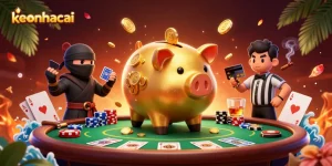 Engage in keonhacai with dynamic casino characters amidst a vibrant poker scene.