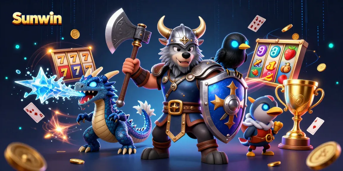 Win exciting rewards at Sunwin with 3D Viking characters in a vibrant casino scene.