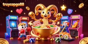 Experience the excitement of truycapgo88 with a vibrant casino scene featuring playful 3D characters.