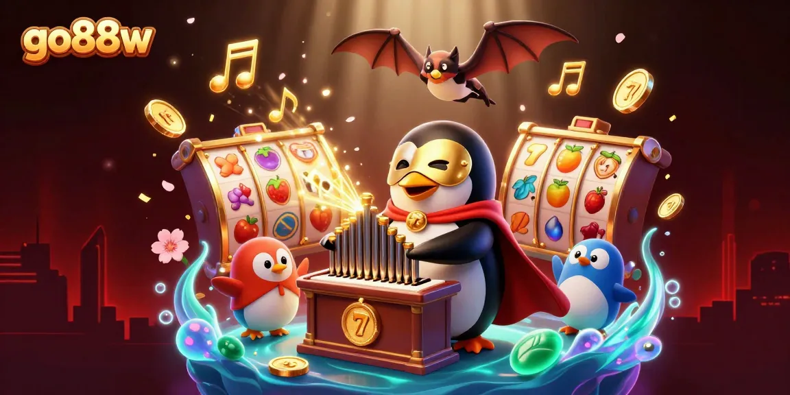 Experience the excitement of go88w with a vibrant 3D penguin playing slots and winning coins.