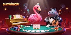Experience excitement with sunwin20r at a vibrant casino scene featuring a flamingo singer and hippo bassist.