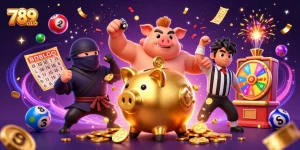 Experience winning with 789club in this vibrant casino-themed illustration featuring iconic gaming elements.